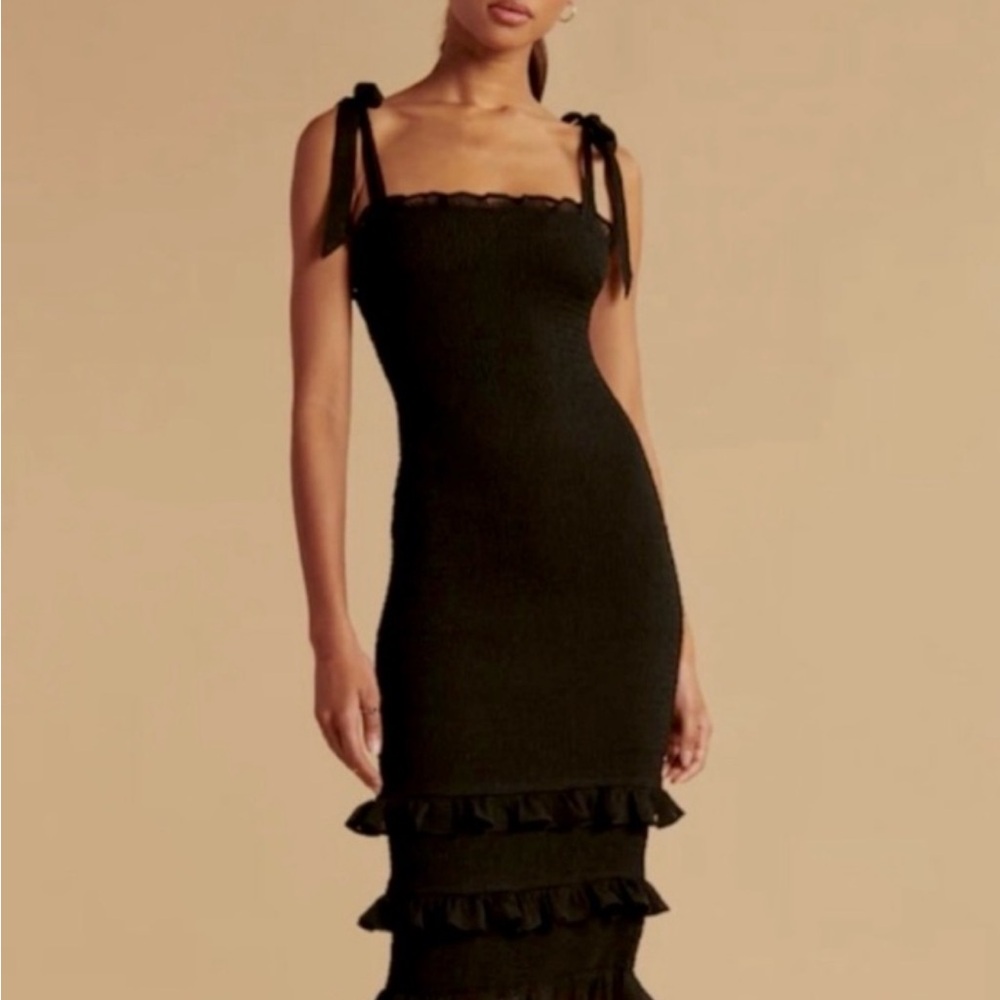 Chic Black Midi Dress with Ruffle Accents